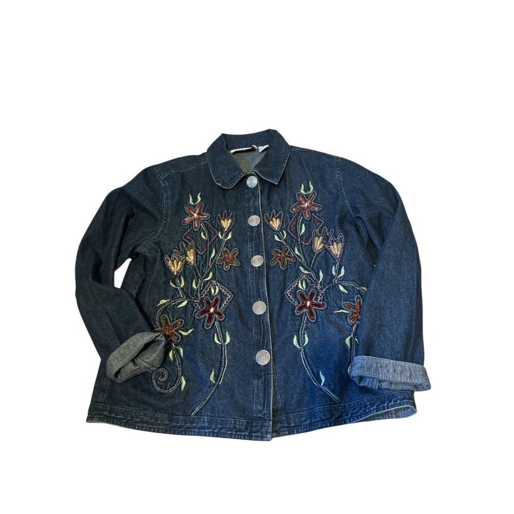 Vtg Keren Hart Floral Embroidered Boho Hippie 90’s Jean Jacket Shacket Large